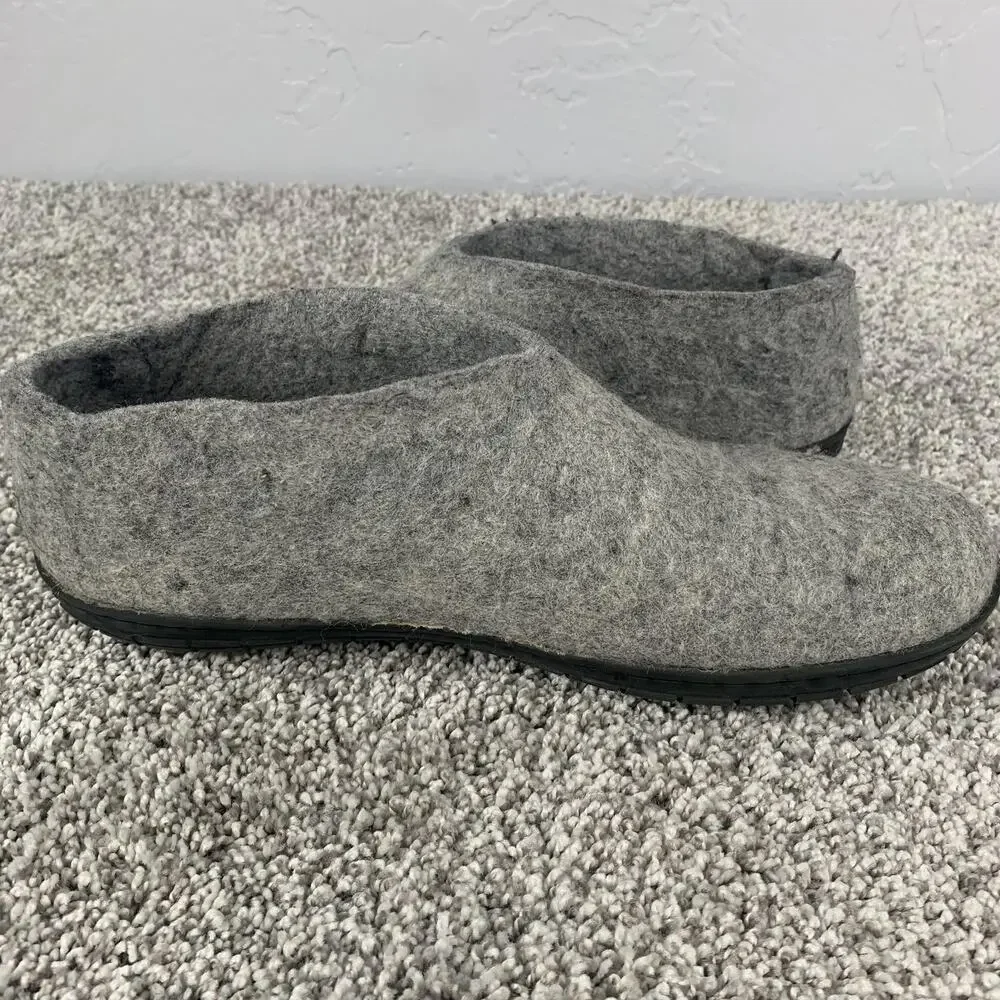 Glerups Slippers Mens Size 10 Gray Wool Felt Rubber Sole House Shoes Comfort